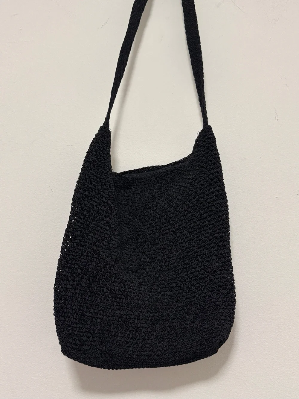 Black Crochet Knit Shoulder Bag Boho Beach Hobo Slouchy Tote Zip Closure 10x12x4